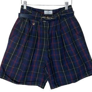 VINTAGE sz Small Tartan Plaid Long Shorts Belted Pockets Pleated Old Money Blue